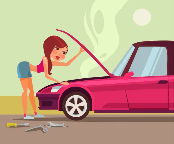 Woman repairing car. Vector flat cartoon illustration — Stock Vector