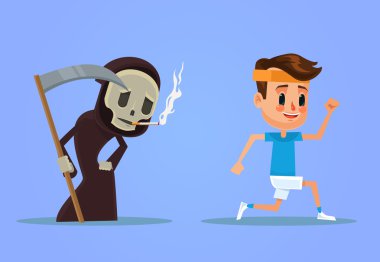 Healthy man run away from smoking death. Vector flat cartoon illustration vector Healthy man run away from smoking death. Vector flat cartoon illustration vector