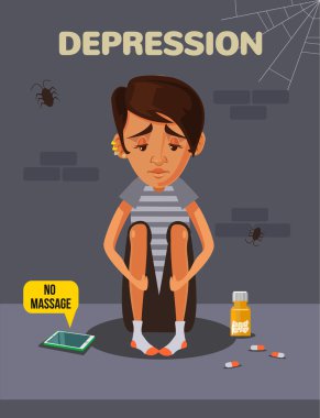 Depresyon çocuk. Vektör düz çizgi film illüstrasyon