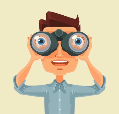 Man with binoculars. Vector flat cartoon illustration clipart