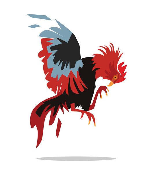 Jumping red cock. Vector flat cartoon illustration