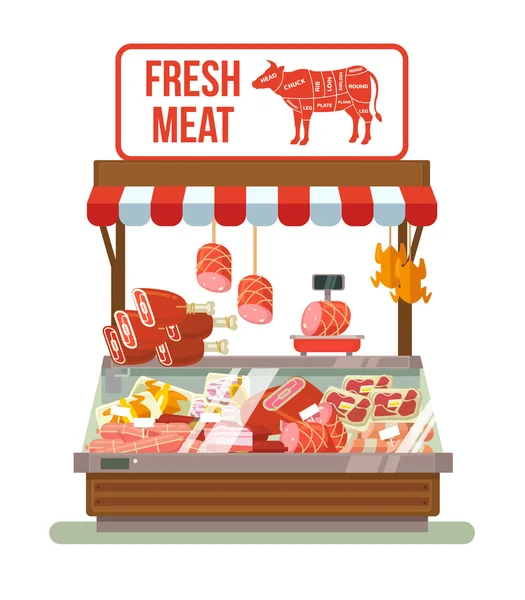 Frischfleisch. Metzgerei. Geschäft mit Fleisch. Vitrinen mit Fleisch. Bestes Fleisch. Rotfleischladen. Straßenmarkt mit Fleisch. Vektor flache Cartoon-Illustration — Stockvektor