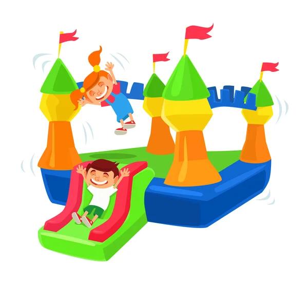 Trampolín de castillo inflable. Vector plano ilustración de dibujos animados — Archivo Imágenes Vectoriales