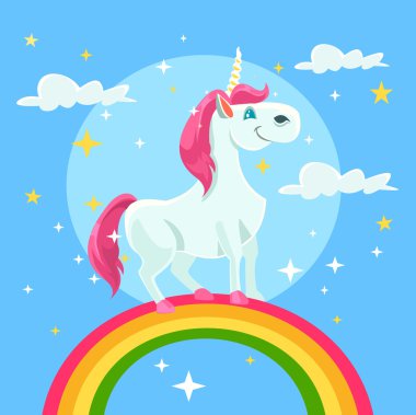 Tek boynuzlu at vektör düz çizgi film illüstrasyon