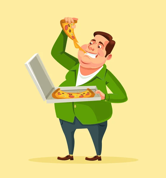 Человек ест пиццу. Векторная плоская иллюстрация — стоковый вектор