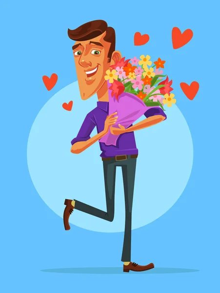 Un homme amoureux d'un grand bouquet. Illustration vectorielle de dessin animé plat — Image vectorielle