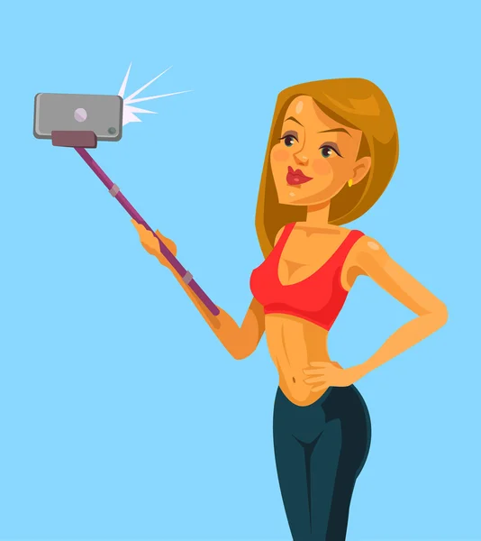 Uma rapariga tira selfie. Ilustração de desenho animado plano vetorial —  Vetores de Stock
