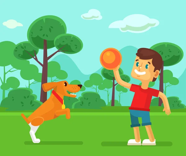 Boy playing with cute dog. Vector flat cartoon illustration — Stock Vector