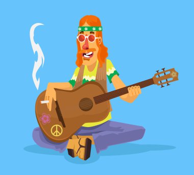 Hippi adam gitar çalıyor. Vektör düz çizgi film illüstrasyon