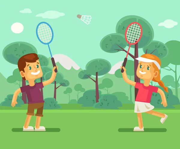 Children play tennis. Vector flat cartoon illustration — Stock Vector