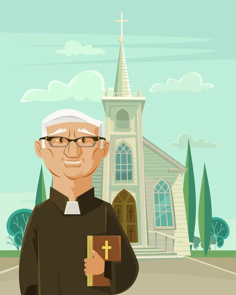 Sacerdote católico e iglesia. Vector plano ilustración de dibujos animados — Vector de stock