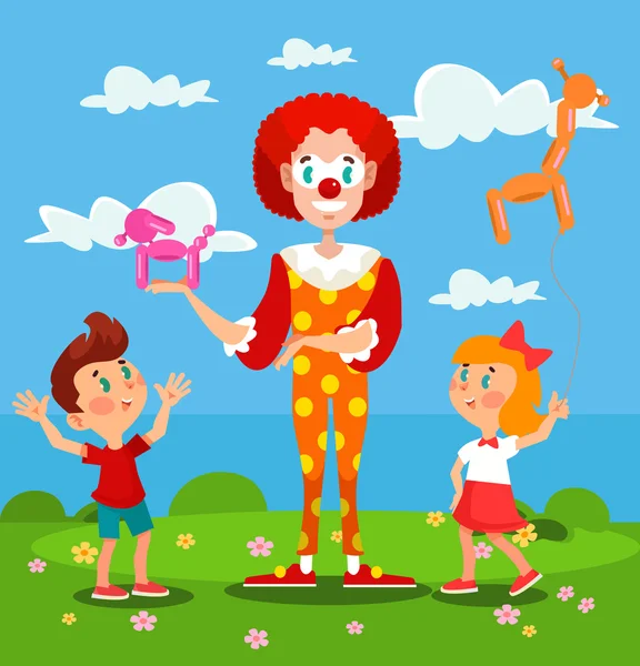 Payaso está haciendo animales globo para los niños. Vector plano ilustración de dibujos animados — Vector de stock