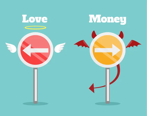 Volba mezi láskou a peníze. Ploché kreslené vektorové ilustrace — Stockový vektor