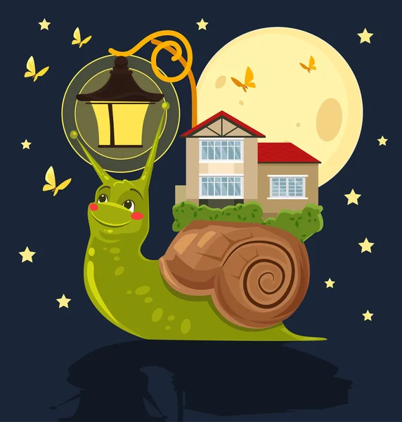 Caracol fabuloso com casa nas costas. Ilustração de desenho animado plano vetorial —  Vetores de Stock