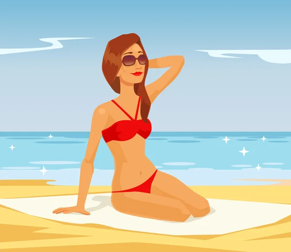 Hermosa chica sentada en la playa del mar. Ilustración plana del vector — Vector de stock