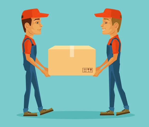 Two workers carrying big box. Vector flat cartoon illustration — Stock Vector
