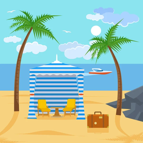 Spiaggia soleggiata. illustrazione del fumetto piatto vettoriale — Vettoriale Stock