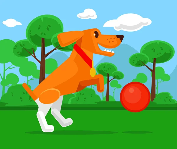 Perro jugando con pelota. Vector plano ilustración de dibujos animados — Vector de stock