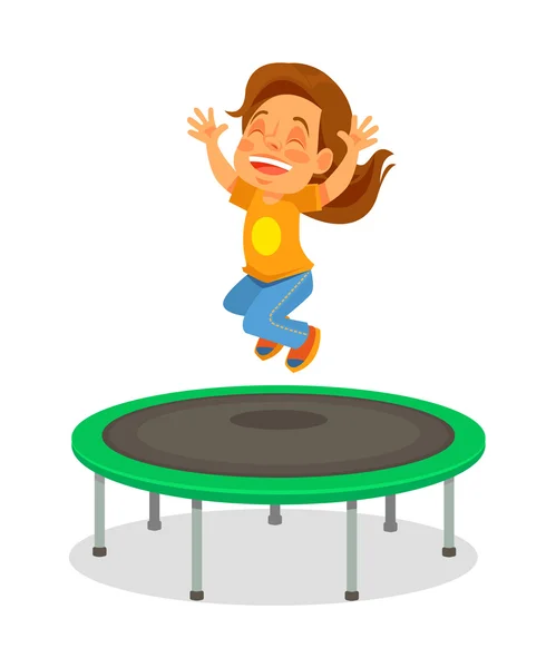 Chica saltando en el trampolín. Vector plano ilustración de dibujos animados — Vector de stock