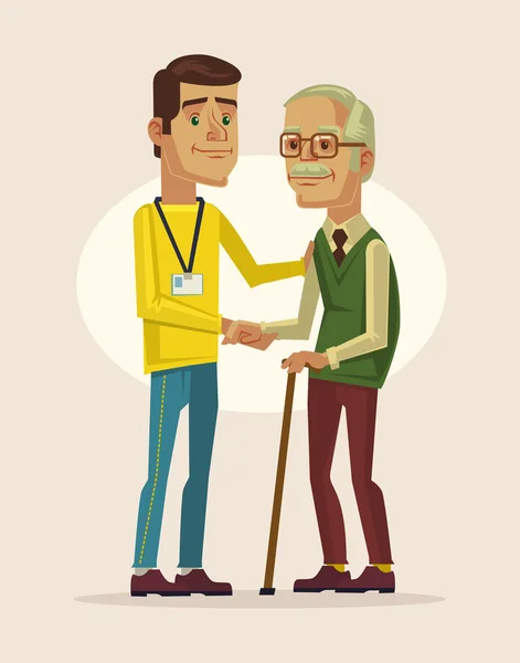 Trabajador social y abuelo. Vector plano ilustración de dibujos animados — Vector de stock