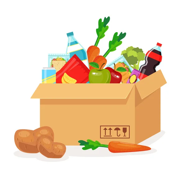 Comida en caja. Entrega de comida. Vector plano ilustración de dibujos animados — Vector de stock