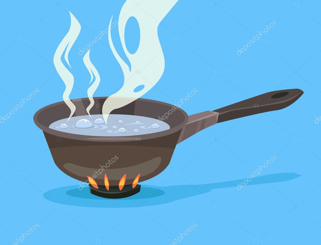 Boiling water in black pan. Cooking concept. Vector flat cartoon
