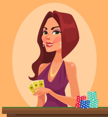 Güzellik kadını holding kartları. Casino vektör düz çizgi film illüstrasyon