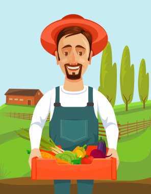 Mutlu çiftçi sebze kutusuyla tutar. Vektör düz çizgi film illüstrasyon