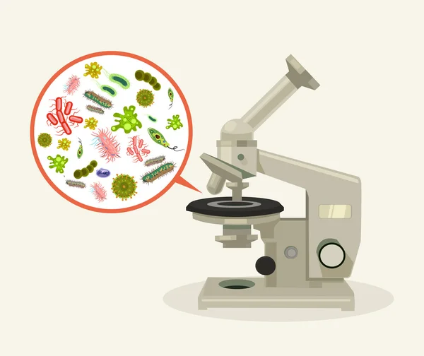 Microrganismi al microscopio. illustrazione del fumetto piatto vettoriale — Vettoriale Stock