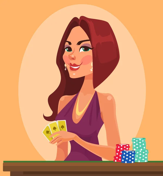 Mulher de beleza segurando cartas. Casino vetor plana desenho animado ilustração — Vetor de Stock