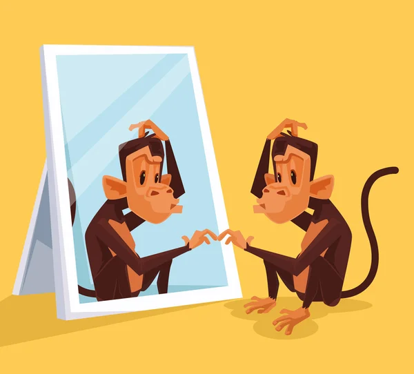 Singe regarde dans le miroir et ne comprenait pas qui il est. Illustration vectorielle de dessin animé plat — Image vectorielle