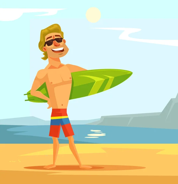 Homem surfista sexy feliz com prancha de surf. Ilustração de desenho animado plano vetorial —  Vetores de Stock