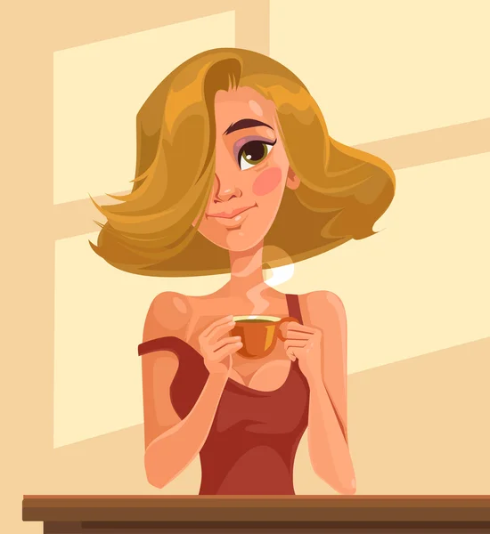 Buenos días chica rubia sexy con taza de café. Vector plano ilustración de dibujos animados — Vector de stock