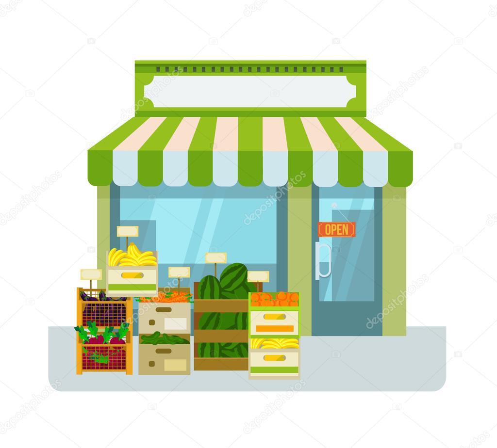 Tienda de frutas y verduras. Vector plano ilustración de dibujos