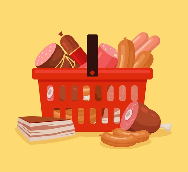 Maso, nákupní košík plný jídla. Čerstvé maso. Nákupní košík s masem. Ploché kreslené vektorové ilustrace — Stockový vektor