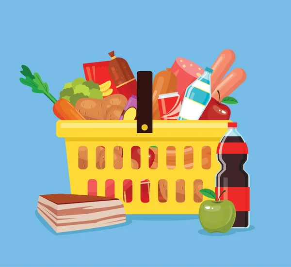 Cesta de comida y bebida. Tienda canasta llena de comida fresca. Vector plano ilustración de dibujos animados — Vector de stock