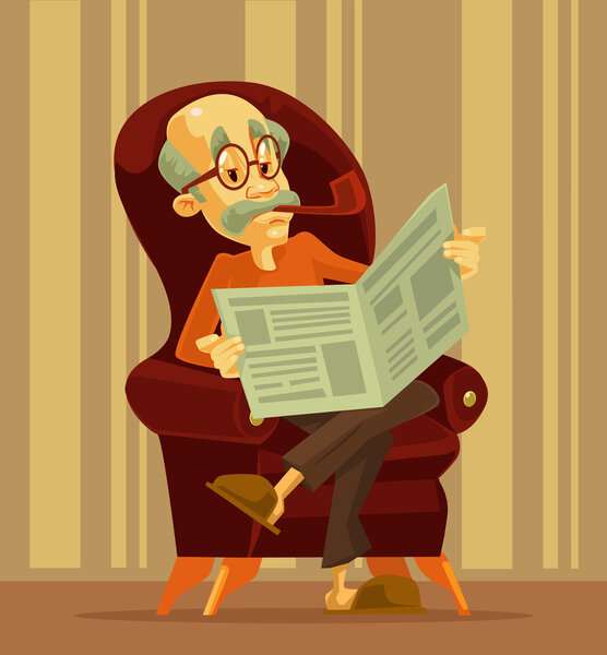 Old man reading newspaper. Grandfather smoking. Vector flat cartoon illustration