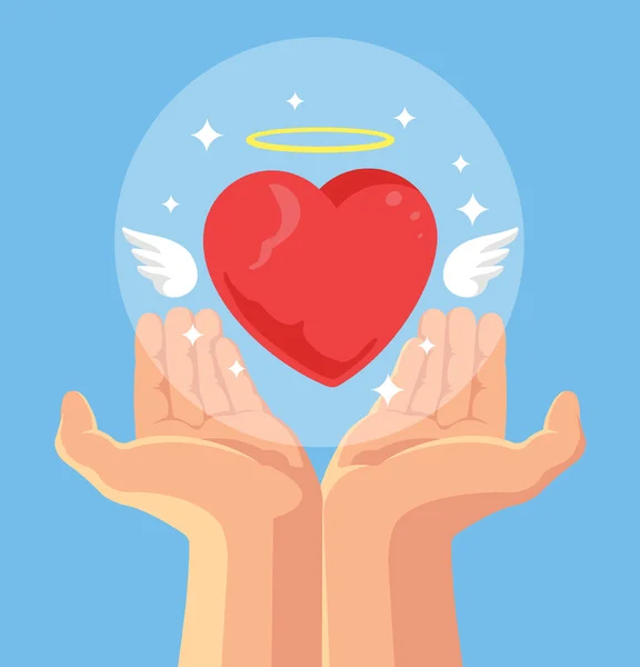Angel heart in hand. Heart in hand as symbol of love. Hand giving heart with wings. Vector flat cartoon illustration