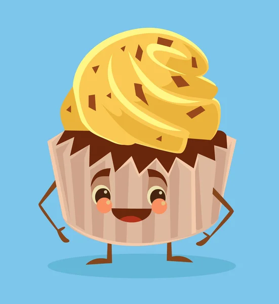 Cartaz de bolo. Cupcake com cara engraçada. Personagem de bolo. Ilustração de desenho animado plano vetorial —  Vetores de Stock