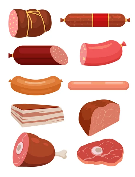 Set di carne fresca. Salsicce di salame. La migliore fetta di carne. Set illustrazioni di cartoni animati piatti di salsicce e vettoriali di carne — Vettoriale Stock