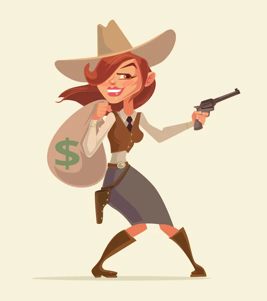 Cowgirl mit Pistole. Cowgirl Dieb. Einbrecher halten Geldbeutel in der Hand. Vektor flache Cartoon-Illustration — Stockvektor
