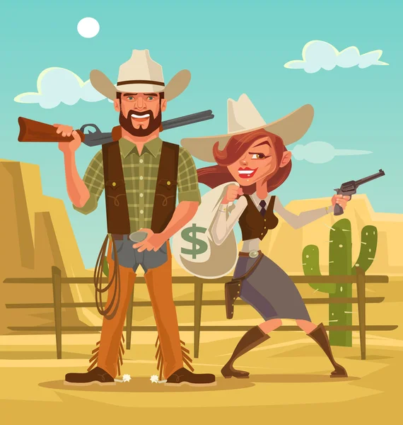 Bonnie és Clyde. Nő és férfi tolvajok. Nyugati rablók. Vektoros lapos rajzfilm illusztráció — Stock Vector