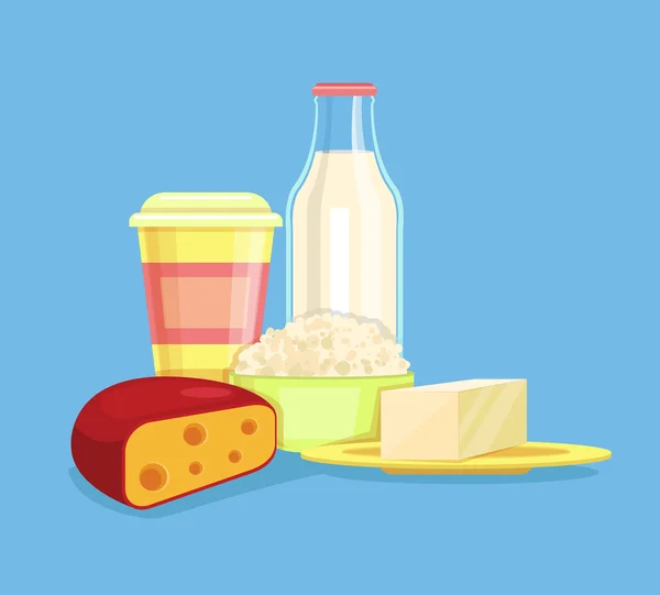 Productos lácteos. Productos lácteos. Productos agrícolas. Queso, leche, requesón, yogur. Vector plano ilustración de dibujos animados — Archivo Imágenes Vectoriales