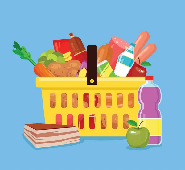 Canasta de comida. Comida fresca en canasta de la tienda. Cesta llena de comida. Ilustración de icono de dibujos animados planos vectoriales — Vector de stock