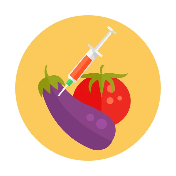 Ikona ilustracji kreskówka GMO. Warzywa ze strzykawką. Ikona ilustracja kreskówka wektor płaski — Wektor stockowy