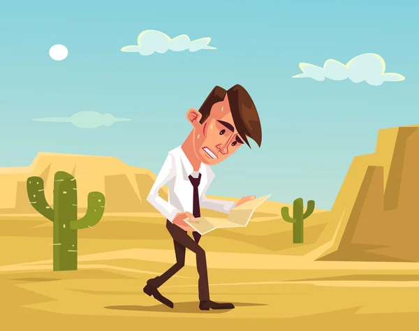 Man lost. Businessman lost in desert. Man trying survive. Lost man hold map. Vector flat cartoon illustration