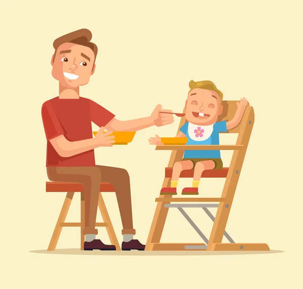 Hombre alimentando al bebé. Padre alimentando al bebé. Vector plano ilustración de dibujos animados — Archivo Imágenes Vectoriales