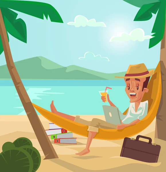 남자는 해변에서 휴식을 취합니다. 남자는 휴가를 가지고있다. 해변에서 휴가. 벡터 플랫 만화 일러스트 — 스톡 벡터