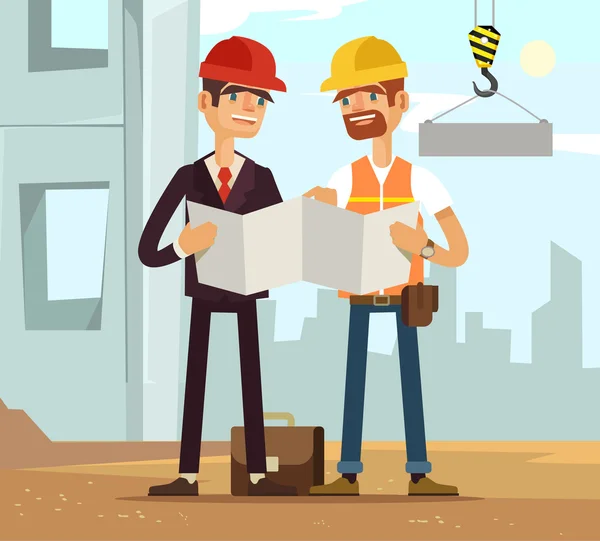 Two builders. Builder and engineer. Builders read plan. Building houses. Vector flat cartoon illustration — Stock Vector