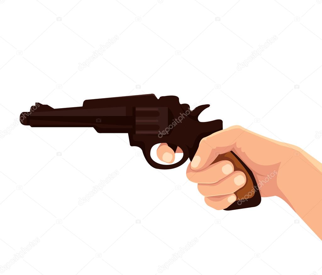 Hand hold gun. Isolated hand with gun. Vector flat cartoon illustration